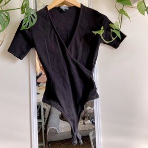 Wrap Bodysuit Short Sleeve Thong Black